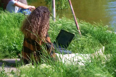 landscape, park, nature, people, girl, working, laptop, sitting, down, ground, grass, recreation, lifestyle, lakeshore, water