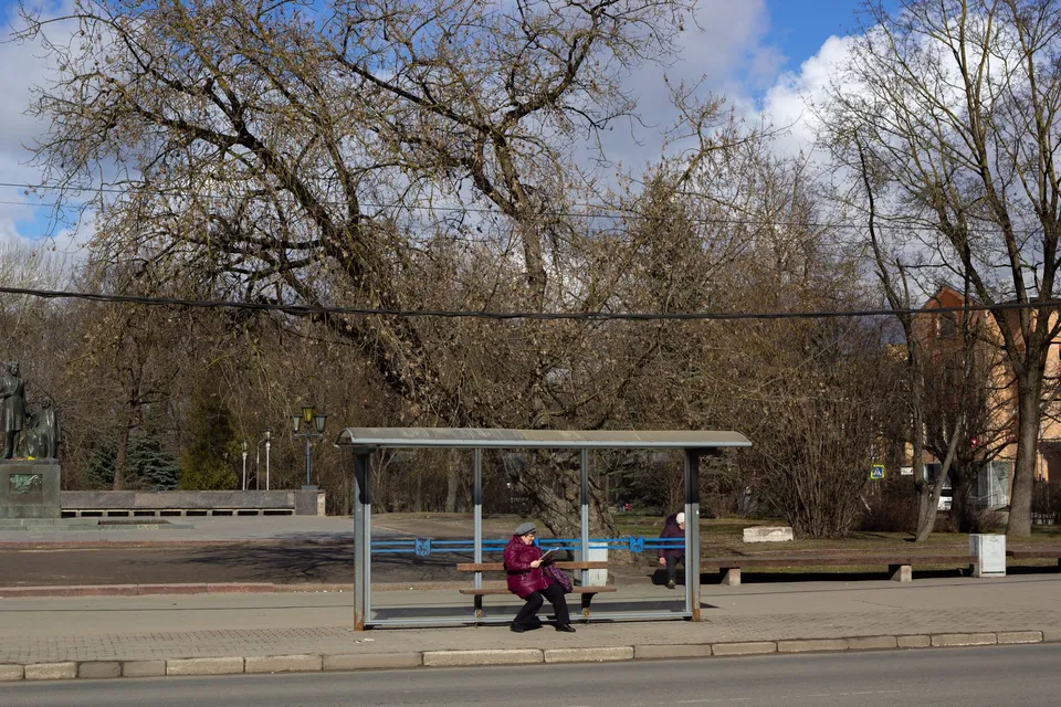 A person sits at a bus stop bench surrounded by bare trees in early spring.